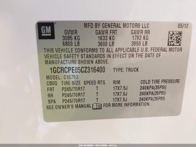 Продажа на аукционе авто 2012 Chevrolet Silverado 1500 Work Truck, vin: 1GCRCPE05CZ316400, номер лота: 46109369