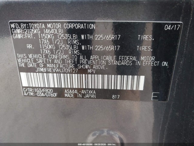 46109395 :رقم المزاد ، JTMBFREV9HJ709127 vin ، 2017 Toyota Rav4 Le مزاد بيع