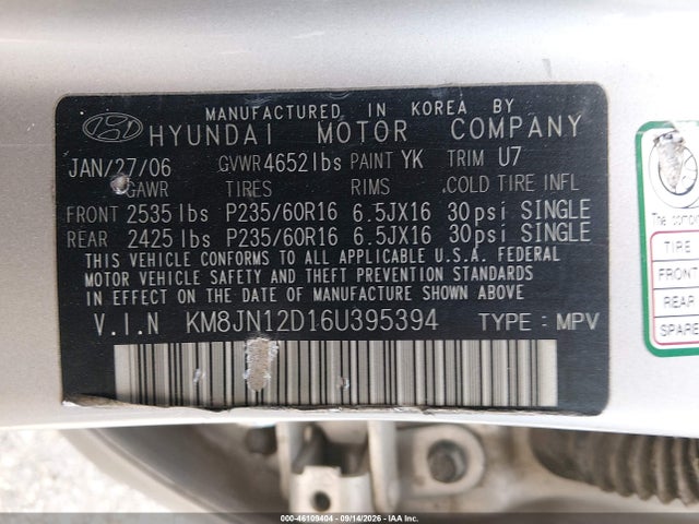 Aukcja sprzedaży 2006 Hyundai Tucson Gls/limited, vin: KM8JN12D16U395394, numer aukcji: 46109404