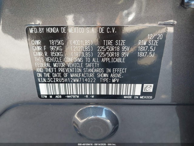 2021 Honda Hr-v 2wd Sport მანქანა იყიდება აუქციონზე, vin: 3CZRU5H12MM714022, აუქციონის ნომერი: 46109416