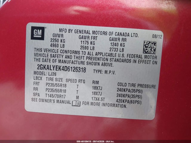 Auction sale of the 2013 Gmc Terrain Denali, vin: 2GKALYEK4D6126318, lot number: 46109418