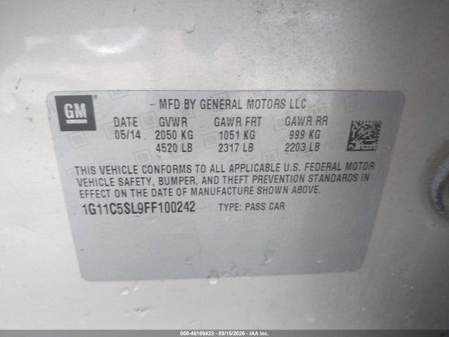 Продаж на аукціоні авто 2015 Chevrolet Malibu 1lt, vin: 1G11C5SL9FF100242, номер лоту: 46109423