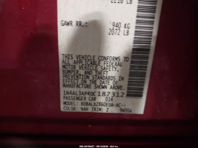 46109427 :رقم المزاد ، 1N4AL3AP4DC187312 vin ، 2013 Nissan Altima 2.5 Sl مزاد بيع