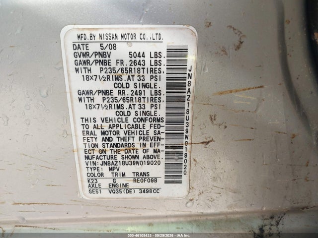 2009 Nissan Murano Sl მანქანა იყიდება აუქციონზე, vin: JN8AZ18U39W019020, აუქციონის ნომერი: 46109433