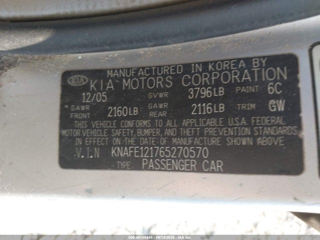 Aukcja sprzedaży 2006 Kia Spectra Ex/lx/sx, vin: KNAFE121765270570, numer aukcji: 46109445
