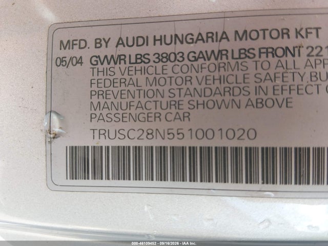Aukcja sprzedaży 2005 Audi Tt 1.8l, vin: TRUSC28N551001020, numer aukcji: 46109452