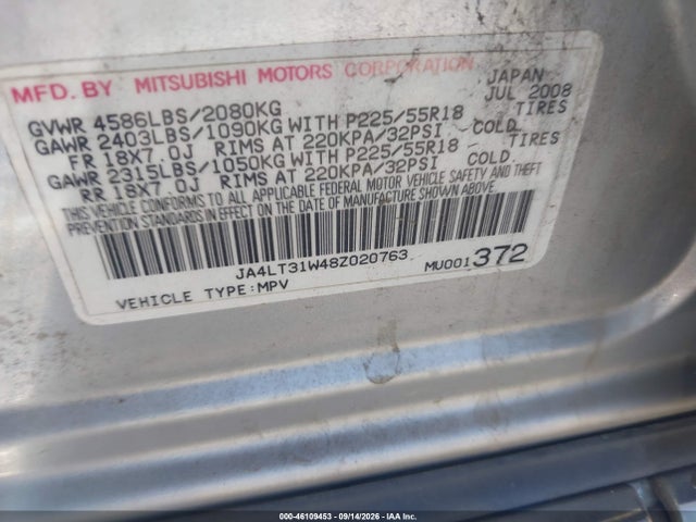 46109453 :رقم المزاد ، JA4LT31W48Z020763 vin ، 2008 Mitsubishi Outlander Se مزاد بيع
