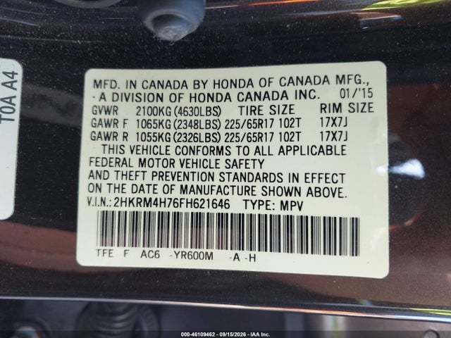 Aukcja sprzedaży 2015 Honda Cr-v Ex-l, vin: 2HKRM4H76FH621646, numer aukcji: 46109462