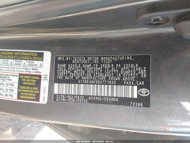 Aukcja sprzedaży 2008 Toyota Camry Le, vin: 4T1BE46K28U771926, numer aukcji: 46109467