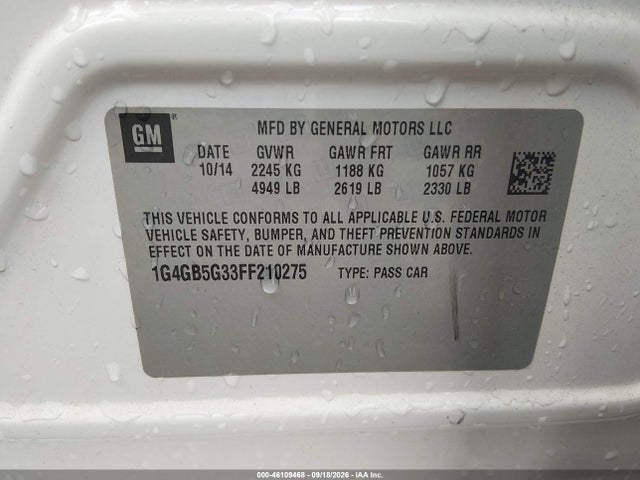 46109468 :رقم المزاد ، 1G4GB5G33FF210275 vin ، 2015 Buick Lacrosse Leather مزاد بيع