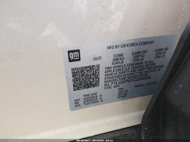 46109471 :رقم المزاد ، KL77LGEP0TC054516 vin ، 2026 Chevrolet Trax Fwd 1rs مزاد بيع