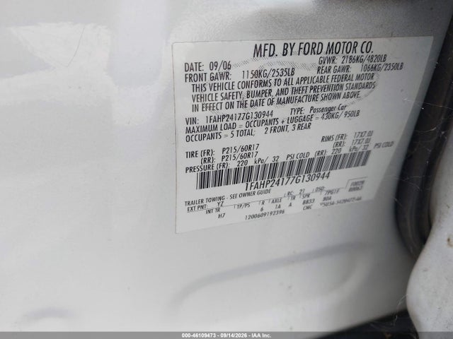 2007 Ford Five Hundred Sel მანქანა იყიდება აუქციონზე, vin: 1FAHP24177G130944, აუქციონის ნომერი: 46109473