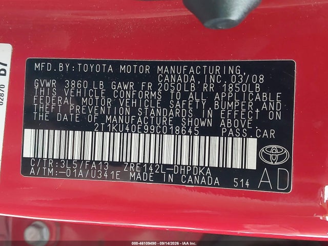 2009 Toyota Matrix მანქანა იყიდება აუქციონზე, vin: 2T1KU40E99C018645, აუქციონის ნომერი: 46109490