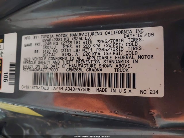 46109500 :رقم المزاد ، 5TETU4GN6AZ717000 vin ، 2010 Toyota Tacoma Prerunner V6 مزاد بيع