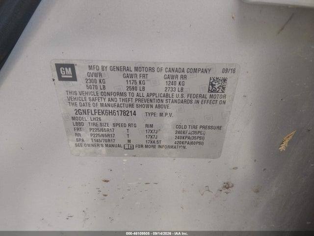 46109505 :رقم المزاد ، 2GNFLFEK6H6178214 vin ، 2017 Chevrolet Equinox Lt مزاد بيع