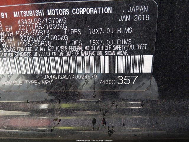 46109513 :رقم المزاد ، JA4AR3AU1KU024679 vin ، 2019 Mitsubishi Outlander Sport 2.0 Le مزاد بيع