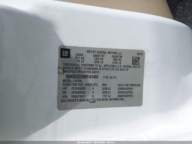 46109515 :رقم المزاد ، 1GNSCCE03BR141466 vin ، 2011 Chevrolet Tahoe Ltz مزاد بيع