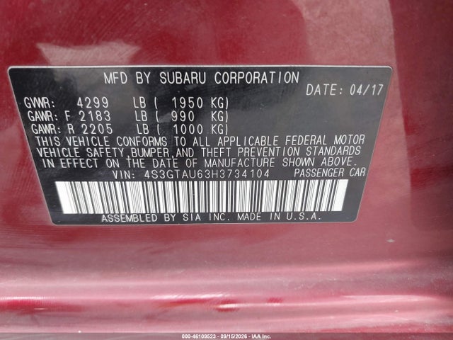 Продаж на аукціоні авто 2017 Subaru Impreza 2.0i Limited, vin: 4S3GTAU63H3734104, номер лоту: 46109523