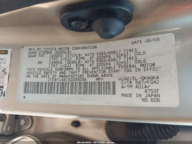 2005 Toyota 4runner Sr5 V8 მანქანა იყიდება აუქციონზე, vin: JTEBT14R150055056, აუქციონის ნომერი: 46109524