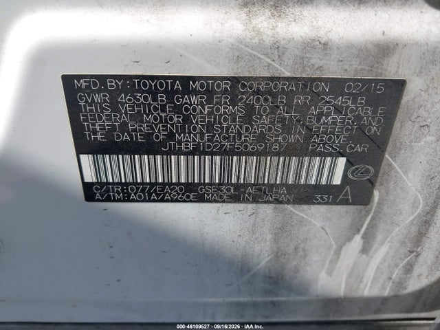 Aukcja sprzedaży 2015 Lexus Is 250, vin: JTHBF1D27F5069187, numer aukcji: 46109527