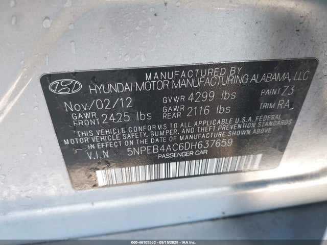Продаж на аукціоні авто 2013 Hyundai Sonata Gls, vin: 5NPEB4AC6DH637659, номер лоту: 46109532