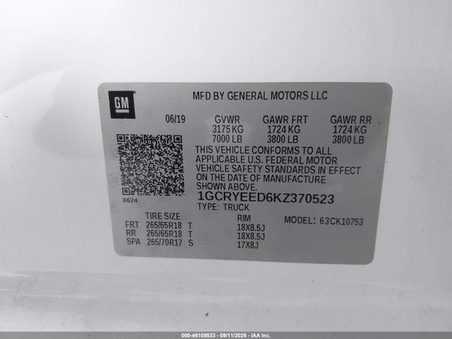 Aukcja sprzedaży 2019 Chevrolet Silverado 1500 Rst, vin: 1GCRYEED6KZ370523, numer aukcji: 46109533
