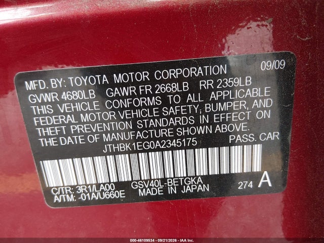 Aukcja sprzedaży 2010 Lexus Es 350, vin: JTHBK1EG0A2345175, numer aukcji: 46109534
