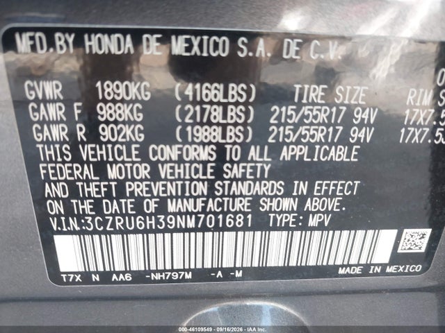 Продаж на аукціоні авто 2022 Honda Hr-v Awd Lx, vin: 3CZRU6H39NM701681, номер лоту: 46109549