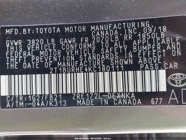 Продаж на аукціоні авто 2019 Toyota Corolla Le, vin: 2T1BURHE4KC180111, номер лоту: 46109550