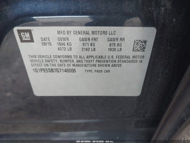 46109564 :رقم المزاد ، 1G1PE5SB7G7148006 vin ، 2016 Chevrolet Cruze Limited 1lt Auto مزاد بيع