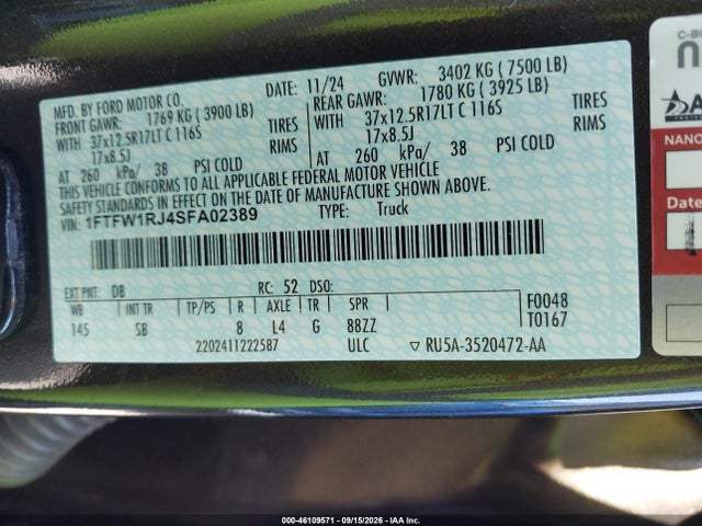2025 Ford F-150 Raptor მანქანა იყიდება აუქციონზე, vin: 1FTFW1RJ4SFA02389, აუქციონის ნომერი: 46109571
