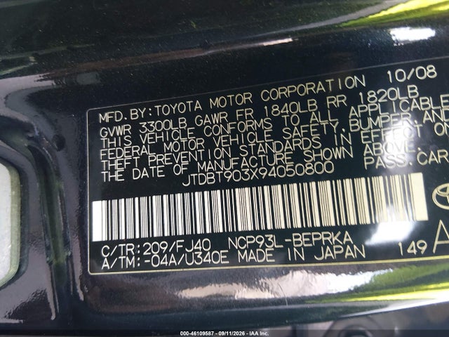 46109587 :رقم المزاد ، JTDBT903X94050800 vin ، 2009 Toyota Yaris مزاد بيع