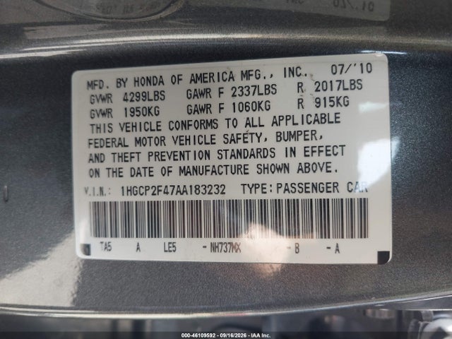 46109592 :رقم المزاد ، 1HGCP2F47AA183232 vin ، 2010 Honda Accord 2.4 Lx-p مزاد بيع