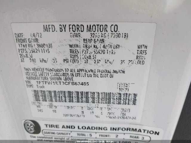 2012 Ford F-150 Platinum მანქანა იყიდება აუქციონზე, vin: 1FTFW1ET3CFB63485, აუქციონის ნომერი: 46109593