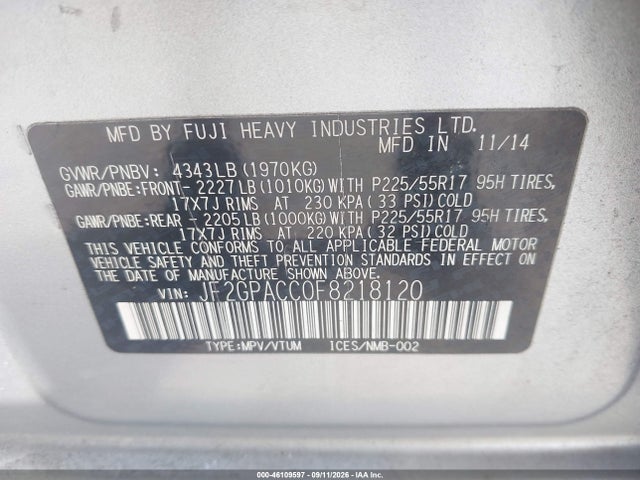 46109597 :رقم المزاد ، JF2GPACC0F8218120 vin ، 2015 Subaru Xv Crosstrek 2.0i Premium مزاد بيع