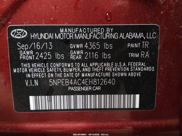 Продаж на аукціоні авто 2014 Hyundai Sonata Gls, vin: 5NPEB4AC4EH812640, номер лоту: 46109601
