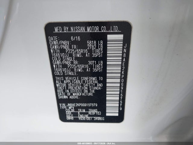 46109603 :رقم المزاد ، JN8AE2KP0G9157579 vin ، 2016 Nissan Quest S مزاد بيع
