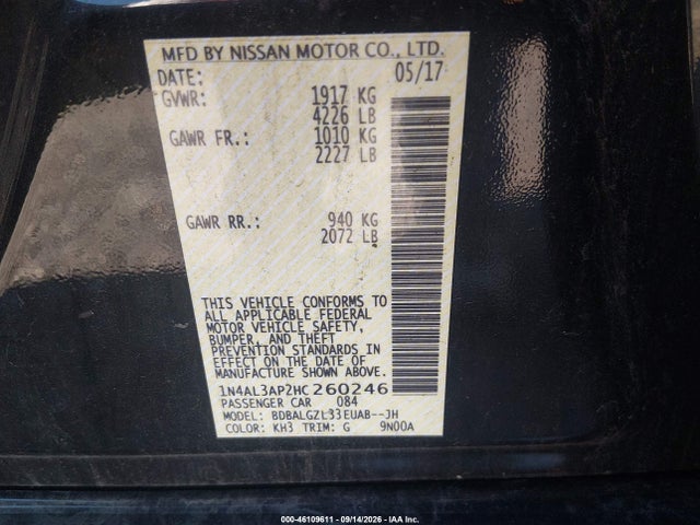 2017 Nissan Altima 2.5 S მანქანა იყიდება აუქციონზე, vin: 1N4AL3AP2HC260246, აუქციონის ნომერი: 46109611