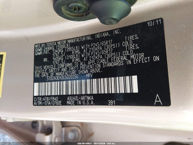 Aukcja sprzedaży 2012 Toyota Highlander, vin: 5TDZA3EH3CS020250, numer aukcji: 46109621