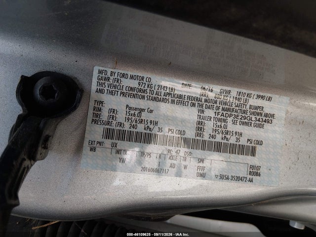 2016 Ford Focus S მანქანა იყიდება აუქციონზე, vin: 1FADP3E29GL343493, აუქციონის ნომერი: 46109625