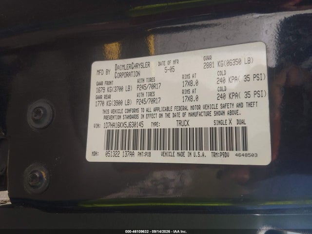 Продаж на аукціоні авто 2005 Dodge Ram 1500 St, vin: 1D7HA16KX5J630145, номер лоту: 46109632