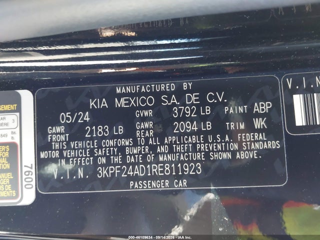 Продажа на аукционе авто 2024 Kia Forte Lx, vin: 3KPF24AD1RE811923, номер лота: 46109634