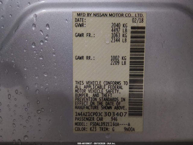 2018 Nissan Leaf Sv მანქანა იყიდება აუქციონზე, vin: 1N4AZ1CP0JC303407, აუქციონის ნომერი: 46109637