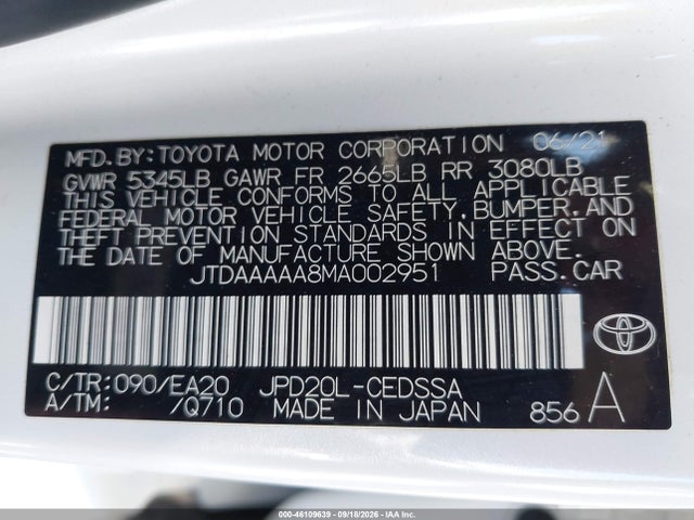 Aukcja sprzedaży 2021 Toyota Mirai Xle, vin: JTDAAAAA8MA002951, numer aukcji: 46109639