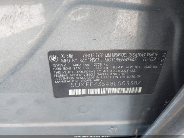46109640 :رقم المزاد ، 5UXFE43548L003387 vin ، 2008 Bmw X5 3.0si مزاد بيع