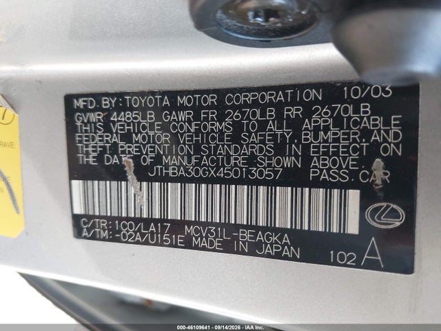 Продаж на аукціоні авто 2004 Lexus Es 330, vin: JTHBA30GX45013057, номер лоту: 46109641
