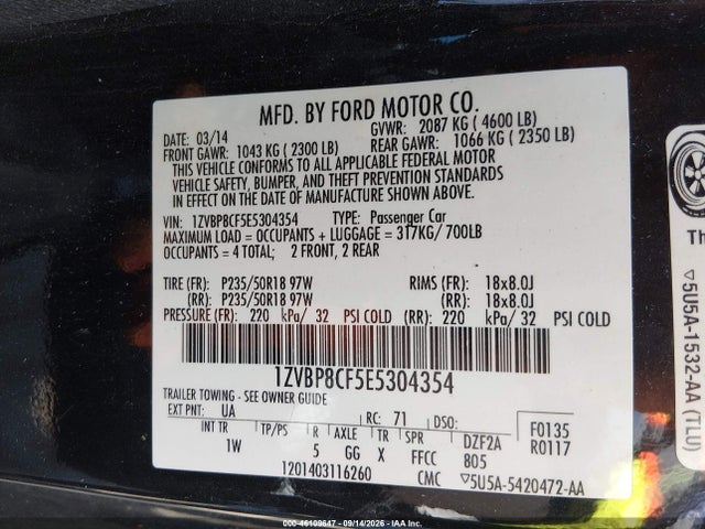 Продаж на аукціоні авто 2014 Ford Mustang Gt, vin: 1ZVBP8CF5E5304354, номер лоту: 46109647