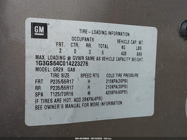 46109648 :رقم المزاد ، 1G3GS64C014223276 vin ، 2001 Oldsmobile Aurora 4.0 مزاد بيع