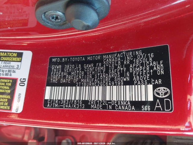 46109649 :رقم المزاد ، 2T1BURHE2GC649199 vin ، 2016 Toyota Corolla Le مزاد بيع