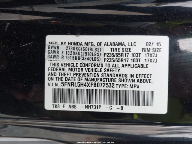 Продаж на аукціоні авто 2015 Honda Odyssey Ex, vin: 5FNRL5H4XFB072532, номер лоту: 46109656